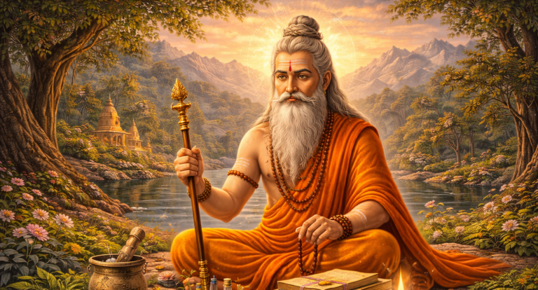 Rishi Shukracharya meditating with divine wisdom and serenity always