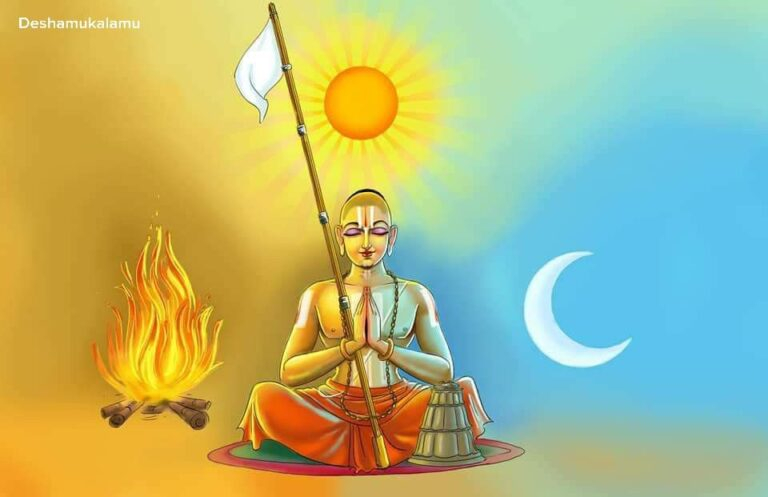 A meditating saint holding flag image.