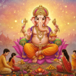 Lord Ganesha blessing devotees during sacred family worship ceremony