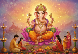 Lord Ganesha blessing devotees during sacred family worship ceremony