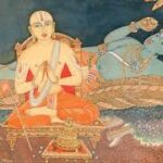 A saint praying beside Vishnu image.