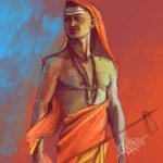 Adi Shankaracharya holding staff and scripture in vibrant artistic portrait illustration
