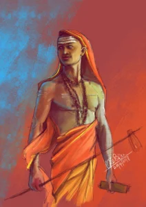 Adi Shankaracharya holding staff and scripture in vibrant artistic portrait illustration