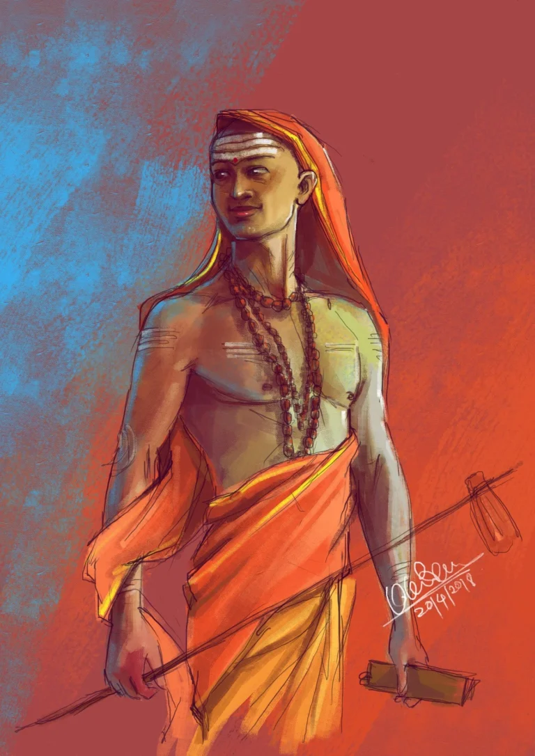 Adi Shankaracharya holding staff and scripture in vibrant artistic portrait illustration
