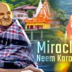 Neem Karoli Baba devotional illustration with temple background image