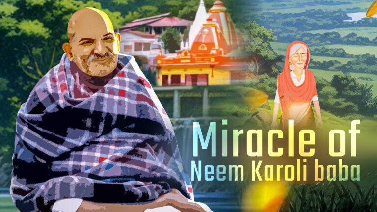 Neem Karoli Baba devotional illustration with temple background image