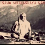 Swami Sivananda seated in meditation holding staff against Himalayan mountain backdrop portrait