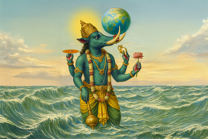 Varaha Avatar rescues Earth from cosmic ocean depths