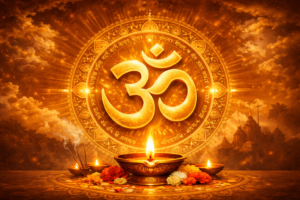 Sacred Om symbol radiating divine spiritual cosmic energy