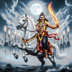 Warrior king riding white horse fearlessly
