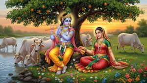 Lord Krishna with Radha pastoral artwork image