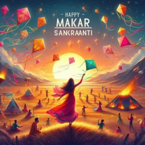 Colorful Makar Sankranti celebration with flying kites