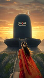 Devotee praying before majestic Shiva Linga