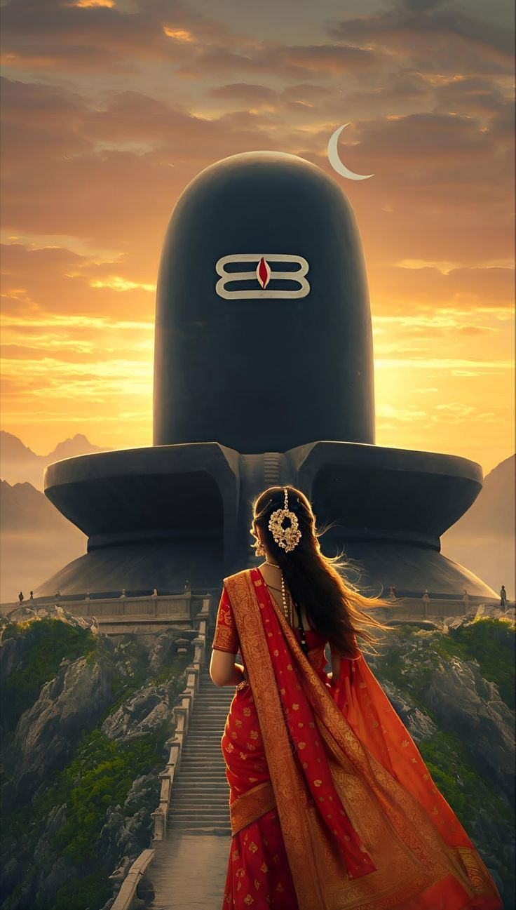 Devotee praying before majestic Shiva Linga