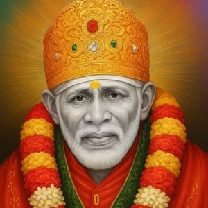 Ornate portrait painting of Shirdi Sai Baba.