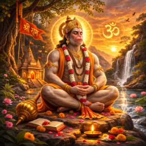 Lord Hanuman meditating beside waterfall with divine aura