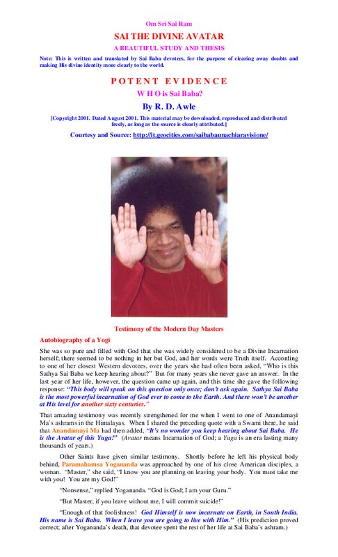Sai the divine avatar – a study & thesis