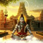 Lord Shiva meditating before sacred temple during sunrise peacefully