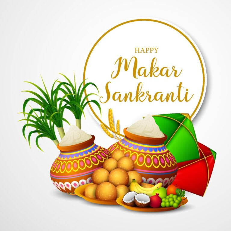 Happy Makar Sankranti festive pots and kites