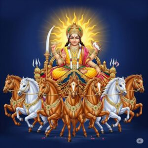 Lord Surya riding seven horses in radiant golden chariot image