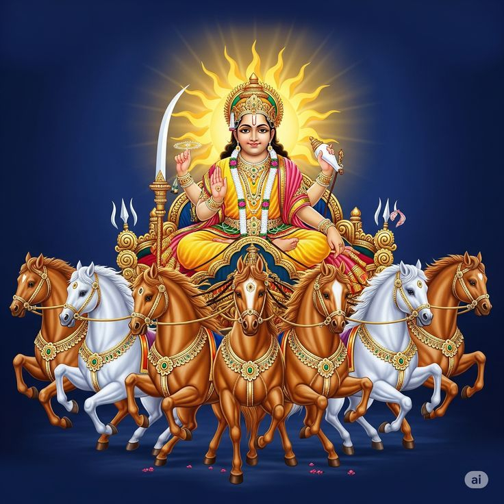 Lord Surya riding seven horses in radiant golden chariot image