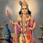 Lord Subramanya holding Vel beside sacred peacock gracefully