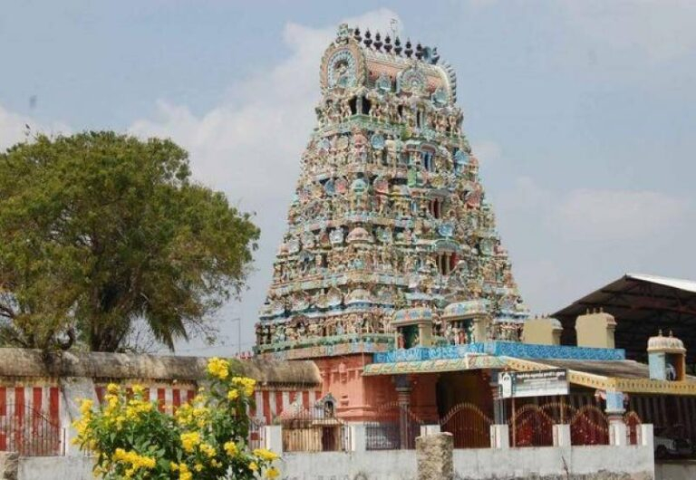 Colorful South Indian temple gopuram with greenery