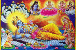 Lord Vishnu resting on Sheshnag image.