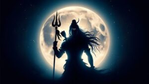 Lord Shiva silhouette against moon image.