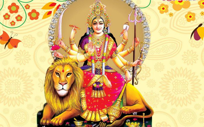 Goddess Durga with lion and divine weapons
