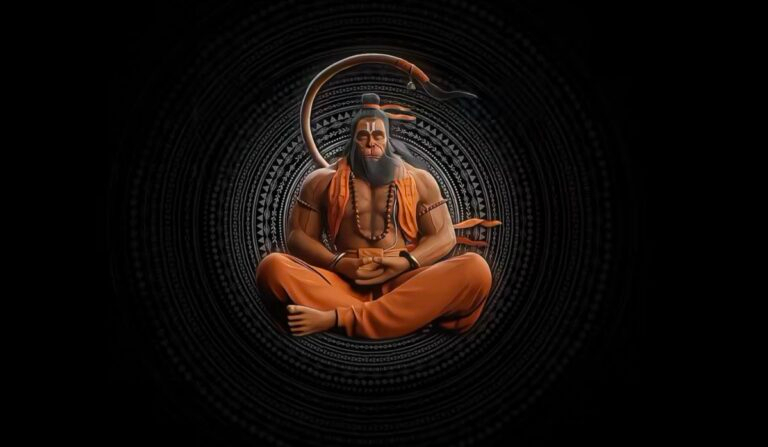 Meditating Lord Hanuman in orange clothes picture