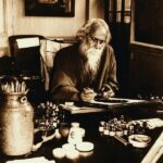 Rabindranath Tagore writing at desk image