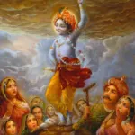 Lord Krishna lifting Govardhan Hill image
