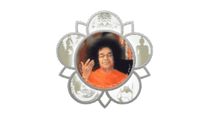 Sathya Sai Baba surrounded by religious symbols picture