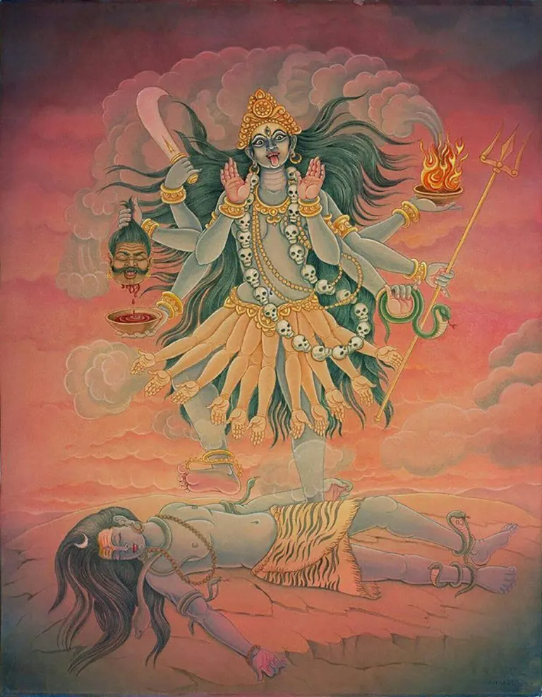 Goddess Kali standing over Lord Shiva image