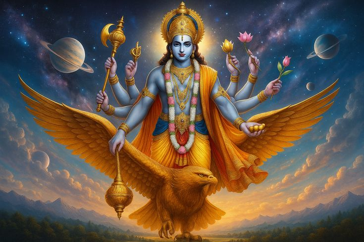 Lord Vishnu riding Garuda divine painting photo