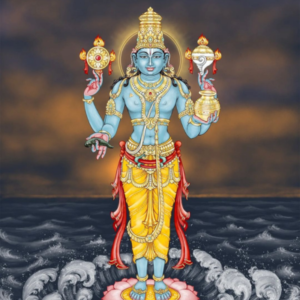 Lord Vishnu standing on lotus over ocean image