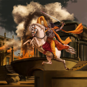 Ancient warrior riding white horse into battle image