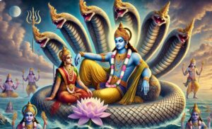 Lord Vishnu and Goddess Lakshmi seated upon Shesha beneath celestial serpent canopy image