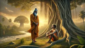 Ancient sage teaching young disciple beneath banyan image