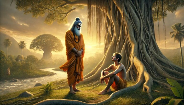 Ancient sage teaching young disciple beneath banyan image