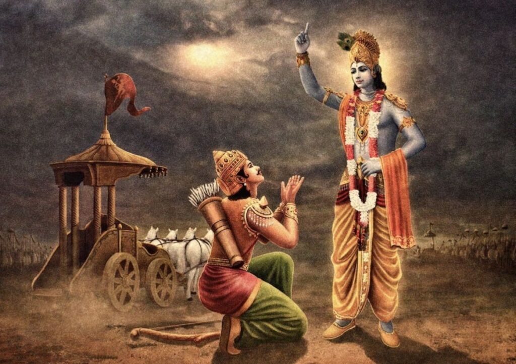 Krishna gives divine guidance to kneeling Arjuna on the Kurukshetra battlefield. image