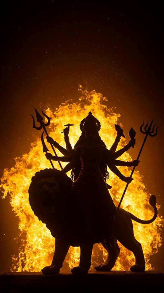 Goddess Durga silhouette with blazing fire image
