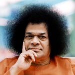 Sathya Sai Baba looking thoughtful portrait picture.