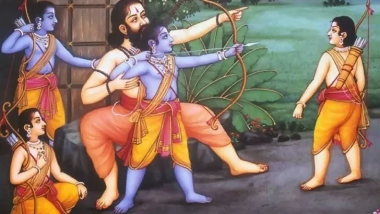 Young Rama learning archery with guru image