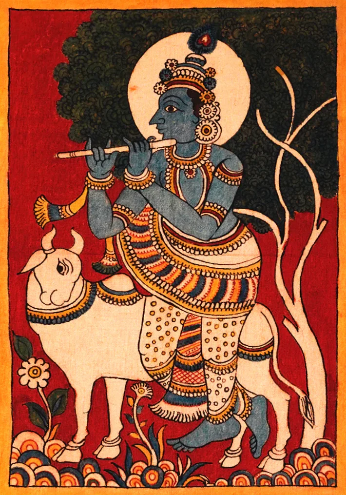 Deities and Their Divine Vehicles 66 Krishna with Cow Kalamkari Painting by Siva Reddy 2 900x fd65aa3c f21b 42a9 9e1b befd3e05d226