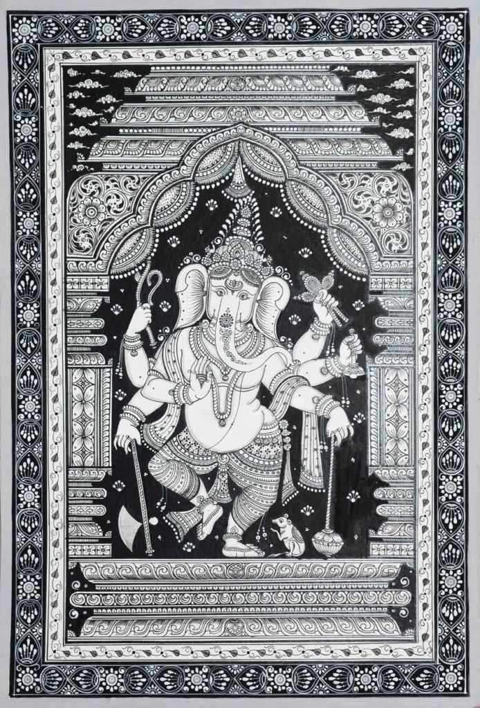 Deities and Their Divine Vehicles 55 Monochromic Symphony The Grandeur of Ganesha with his Mushak at Mandapa Pattachitra Painting by Apindra Swain 2 900x 3b916bde 4f57 44d1 a0a1 1a635436c18b