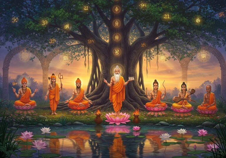 Hindu sages meditating under sacred tree photo