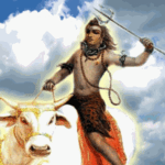 Lord Shiva with Nandi holding trident amidst glowing clouds in divine artwork