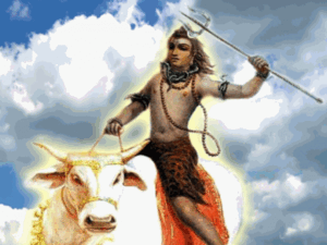 Lord Shiva with Nandi holding trident amidst glowing clouds in divine artwork